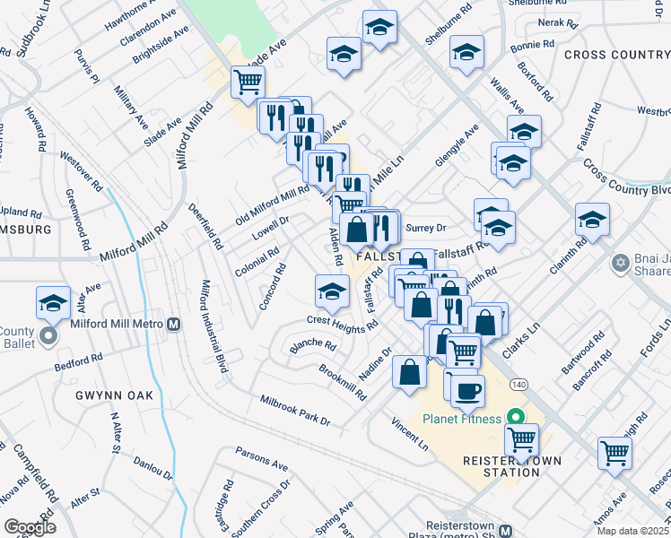 map of restaurants, bars, coffee shops, grocery stores, and more near 7004 Alden Road in Pikesville