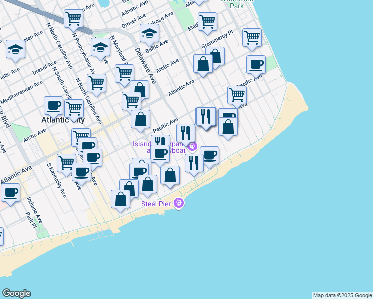 map of restaurants, bars, coffee shops, grocery stores, and more near 801 Boardwalk in Atlantic City