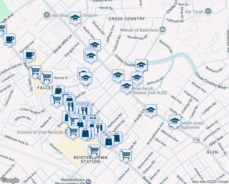 map of restaurants, bars, coffee shops, grocery stores, and more near 3606 Clarks Lane in Baltimore