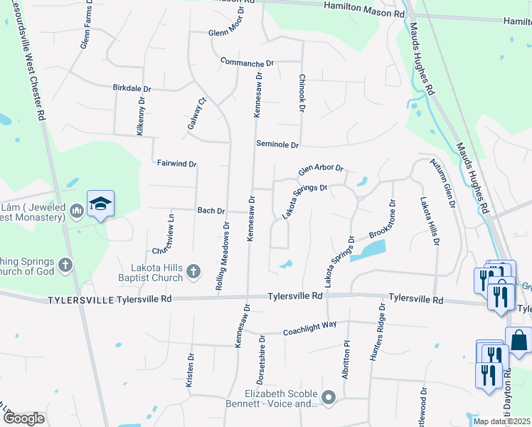 map of restaurants, bars, coffee shops, grocery stores, and more near 7657 Kirkwood Drive in Butler County