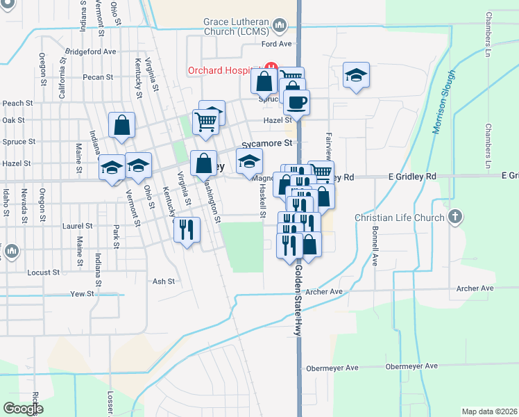 map of restaurants, bars, coffee shops, grocery stores, and more near 320 Norman Street in Gridley