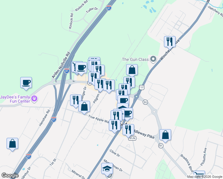 map of restaurants, bars, coffee shops, grocery stores, and more near 4992 West Virginia 51 in Inwood