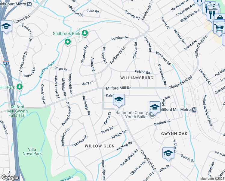 map of restaurants, bars, coffee shops, grocery stores, and more near 725 Milford Mill Road in Pikesville