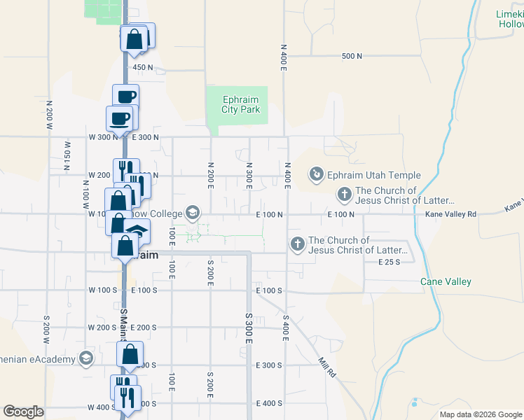 map of restaurants, bars, coffee shops, grocery stores, and more near 100 East 300 North in Ephraim