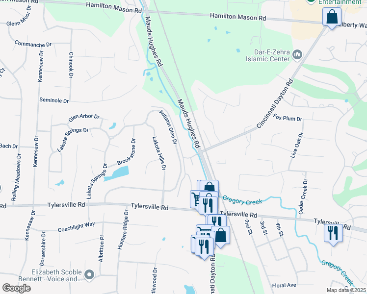 map of restaurants, bars, coffee shops, grocery stores, and more near 7636 Shawnee Lane in Butler County