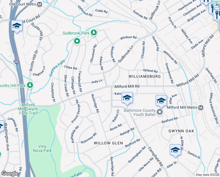 map of restaurants, bars, coffee shops, grocery stores, and more near 799 Milford Mill Road in Pikesville