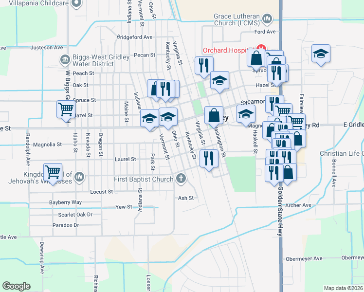 map of restaurants, bars, coffee shops, grocery stores, and more near 332 Ohio Street in Gridley