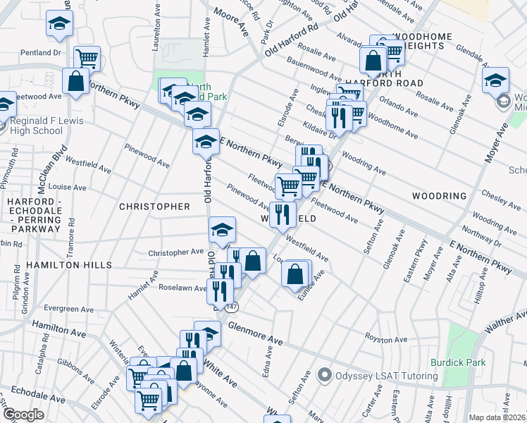 map of restaurants, bars, coffee shops, grocery stores, and more near 2911 Pinewood Avenue in Baltimore