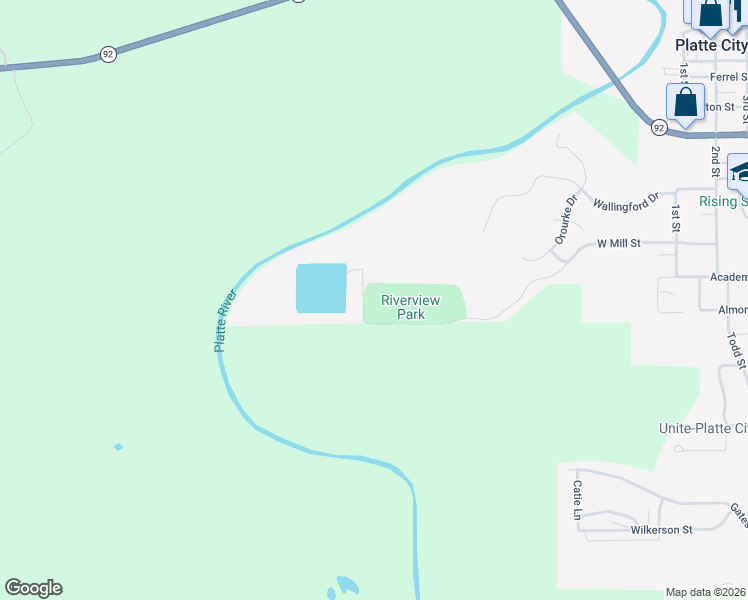 map of restaurants, bars, coffee shops, grocery stores, and more near 150 West Mill Street in Platte City