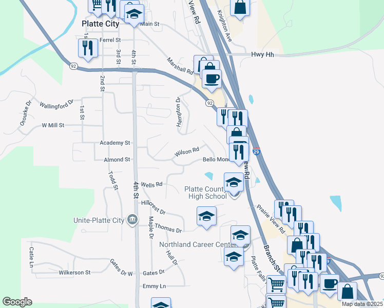 map of restaurants, bars, coffee shops, grocery stores, and more near 16 Bellomondo Drive in Platte City