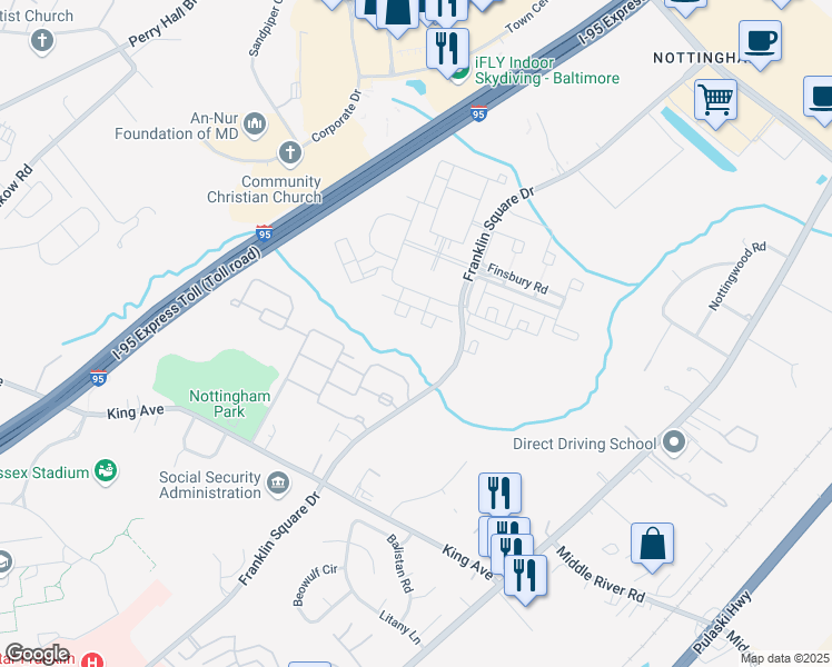 map of restaurants, bars, coffee shops, grocery stores, and more near 9533 Devonwood Court in Rosedale