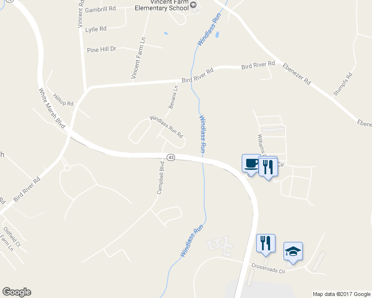 map of restaurants, bars, coffee shops, grocery stores, and more near 10526 Windlass Run Road in Baltimore