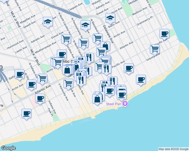 map of restaurants, bars, coffee shops, grocery stores, and more near 101 South North Carolina Avenue in Atlantic City