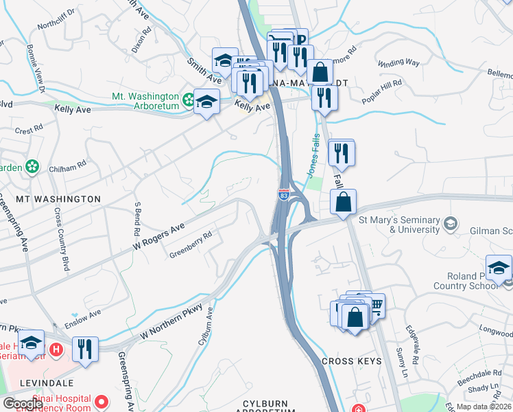 map of restaurants, bars, coffee shops, grocery stores, and more near 1701 Mount Washington Court in Baltimore