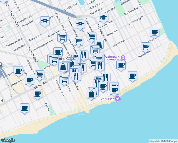map of restaurants, bars, coffee shops, grocery stores, and more near 101 South North Carolina Avenue in Atlantic City