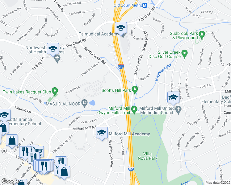 map of restaurants, bars, coffee shops, grocery stores, and more near 7900 Brookford Circle in Pikesville