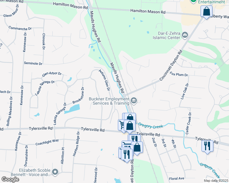 map of restaurants, bars, coffee shops, grocery stores, and more near 7636 Shawnee Lane in Butler County