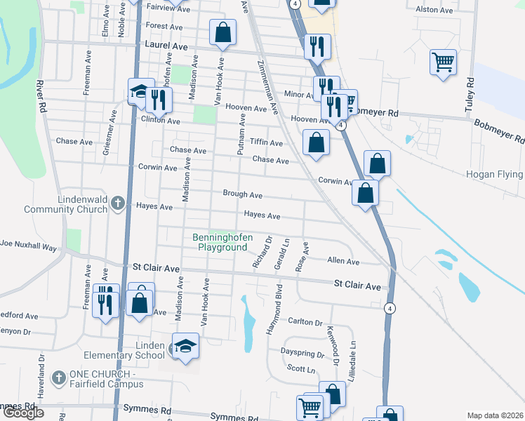 map of restaurants, bars, coffee shops, grocery stores, and more near 1015 Hayes Avenue in Hamilton