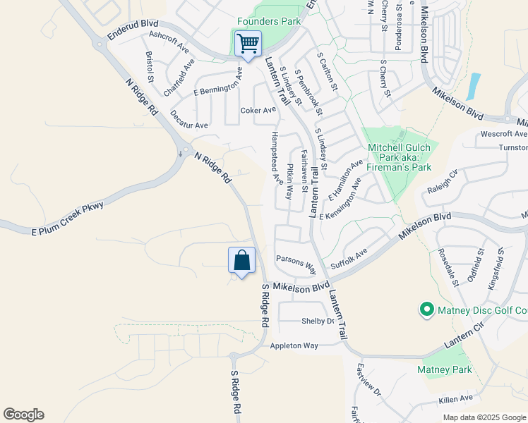 map of restaurants, bars, coffee shops, grocery stores, and more near 24 South Ridge Road in Castle Rock