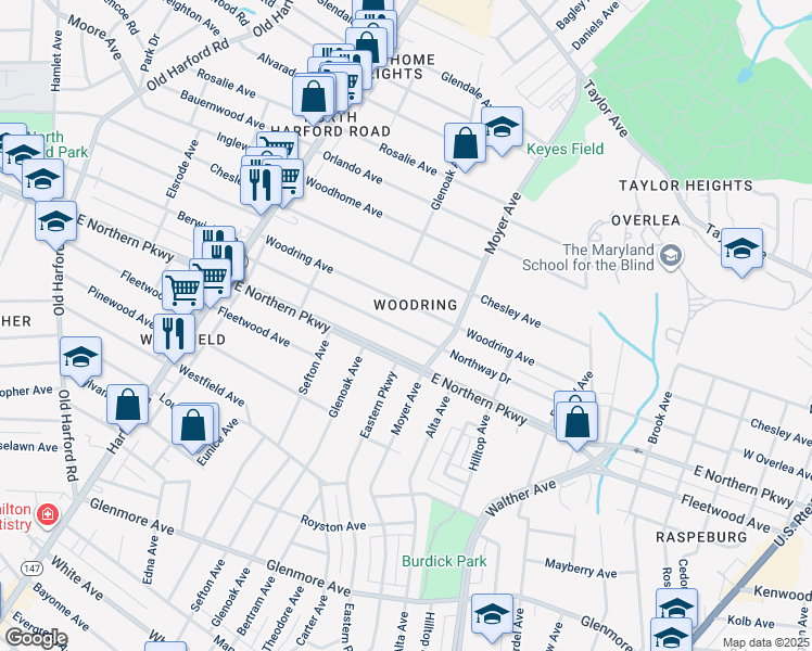 map of restaurants, bars, coffee shops, grocery stores, and more near 3210 Northway Drive in Baltimore