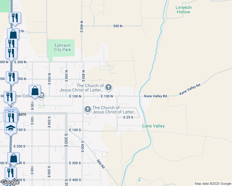 map of restaurants, bars, coffee shops, grocery stores, and more near 603 East 100 North in Ephraim