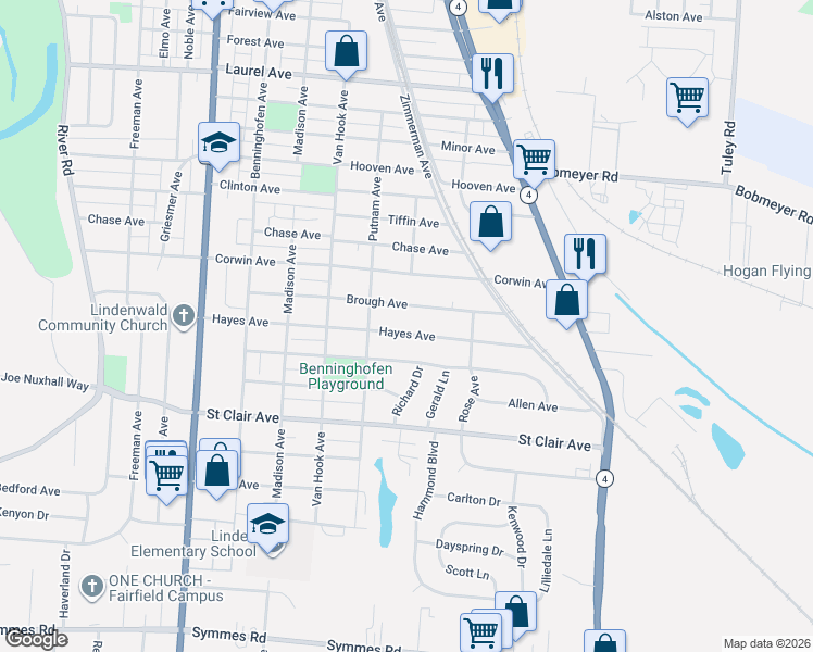 map of restaurants, bars, coffee shops, grocery stores, and more near 1015 Hayes Avenue in Hamilton