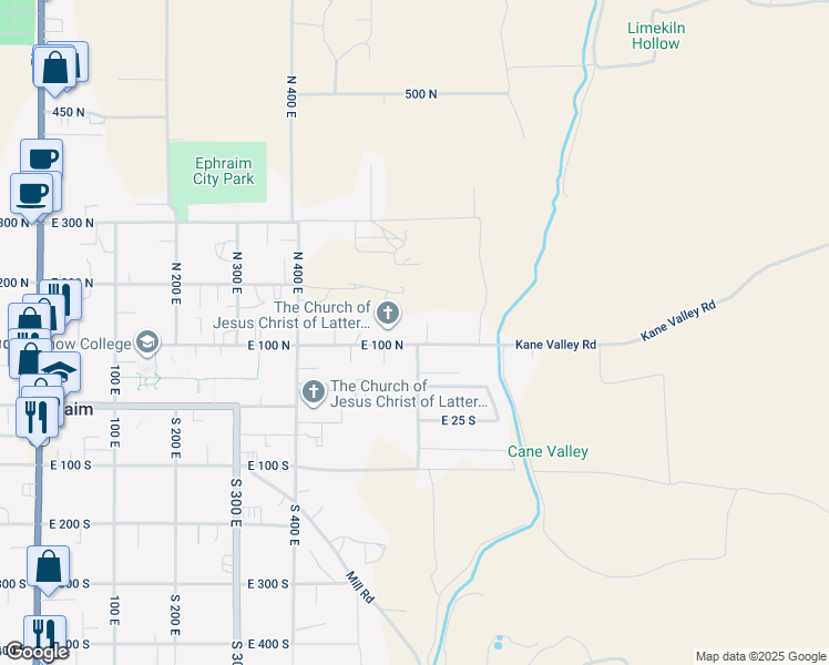 map of restaurants, bars, coffee shops, grocery stores, and more near 603 East 100 North in Ephraim