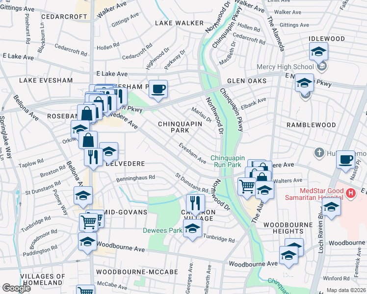 map of restaurants, bars, coffee shops, grocery stores, and more near 882 Evesham Avenue in Baltimore