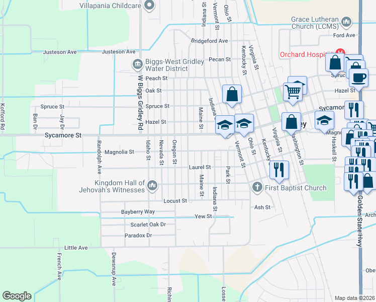 map of restaurants, bars, coffee shops, grocery stores, and more near Magnolia St & California St in Gridley