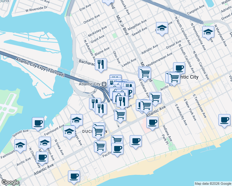 map of restaurants, bars, coffee shops, grocery stores, and more near 2 Convention Boulevard in Atlantic City