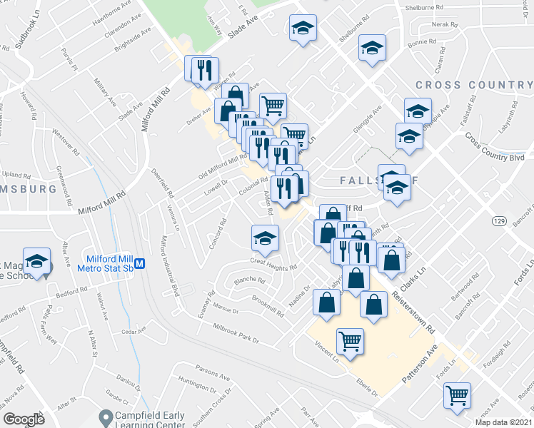 map of restaurants, bars, coffee shops, grocery stores, and more near 7004 Alden Road in Pikesville