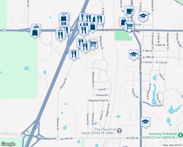map of restaurants, bars, coffee shops, grocery stores, and more near 1116 Silhouette Drive in Kearney