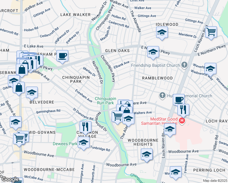 map of restaurants, bars, coffee shops, grocery stores, and more near 1101 Ramblewood Road in Baltimore