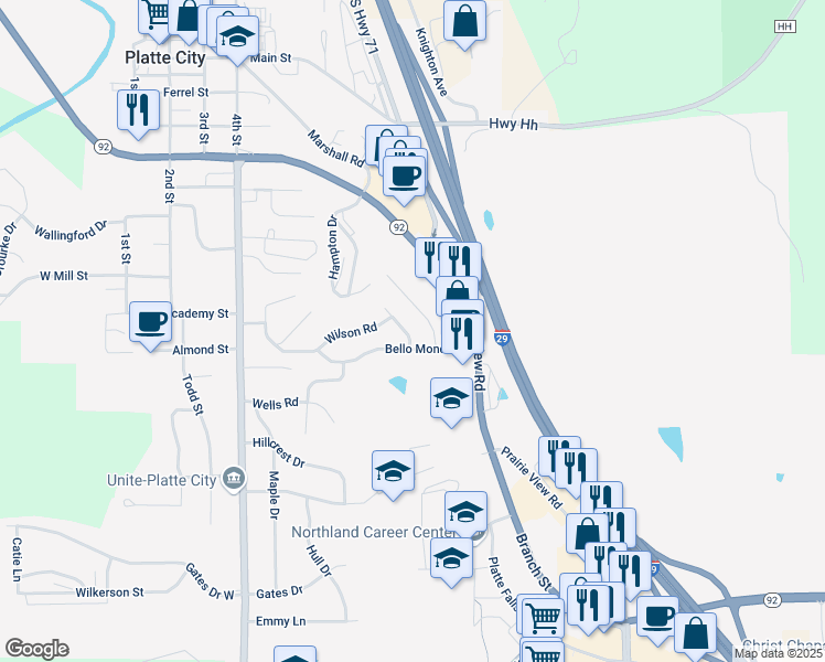 map of restaurants, bars, coffee shops, grocery stores, and more near 918 Fontana Avenue in Platte City