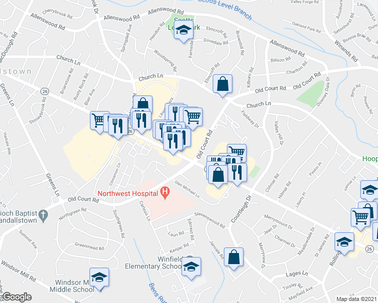 map of restaurants, bars, coffee shops, grocery stores, and more near 8604 Liberty Road in Randallstown
