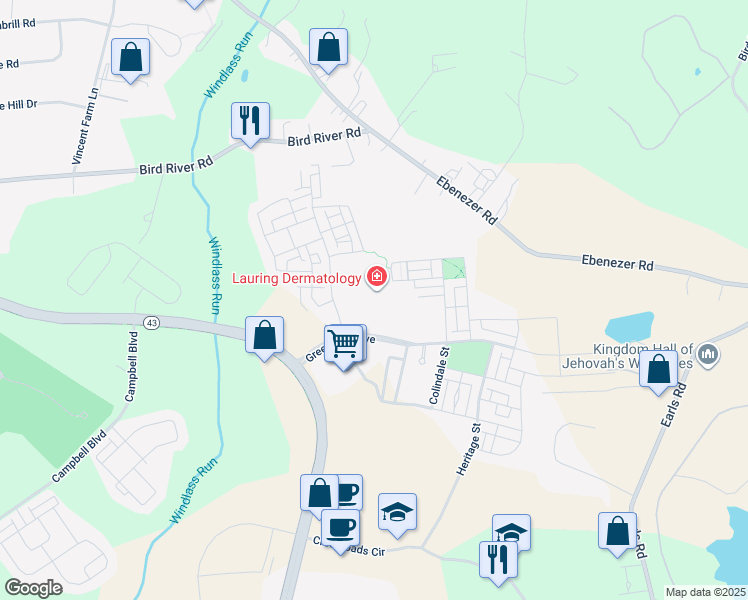 map of restaurants, bars, coffee shops, grocery stores, and more near 415 Williams Court in Middle River