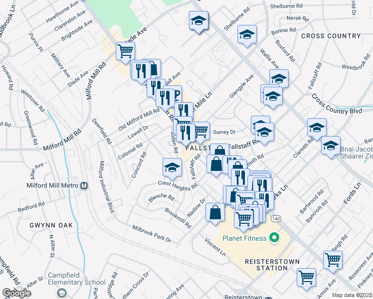 map of restaurants, bars, coffee shops, grocery stores, and more near 7002 Reisterstown Road in Baltimore