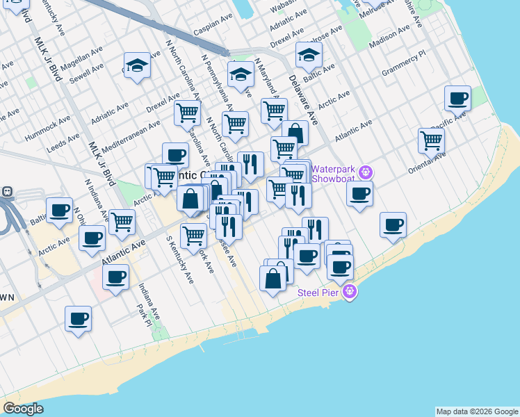 map of restaurants, bars, coffee shops, grocery stores, and more near 101 South North Carolina Avenue in Atlantic City