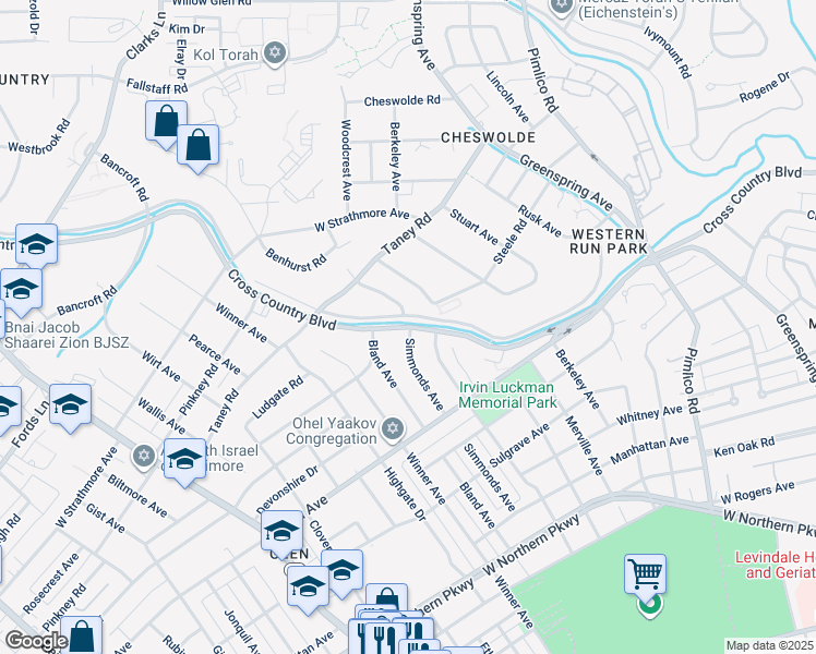 map of restaurants, bars, coffee shops, grocery stores, and more near Cross Country Boulevard in Baltimore