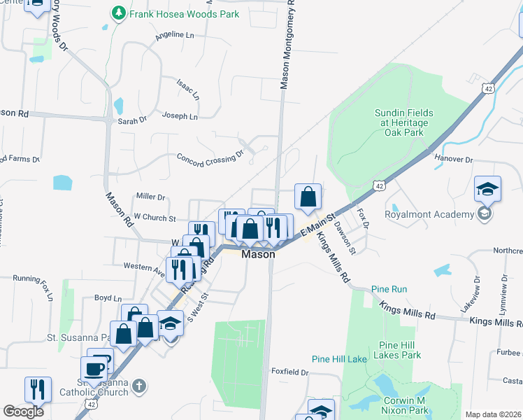 map of restaurants, bars, coffee shops, grocery stores, and more near 100 West Church Street in Mason