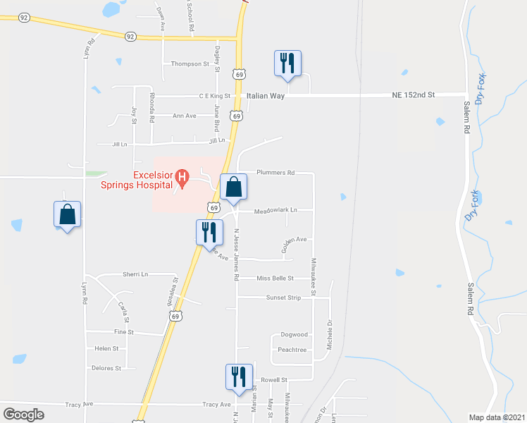 map of restaurants, bars, coffee shops, grocery stores, and more near 1084 Meadowlark Lane in Excelsior Springs
