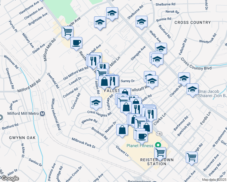 map of restaurants, bars, coffee shops, grocery stores, and more near 4100 Fallstaff Road in Baltimore