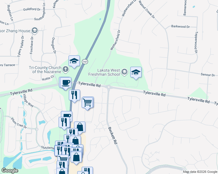 map of restaurants, bars, coffee shops, grocery stores, and more near Tylersville Rd & Beckett Rd in Beckett Ridge