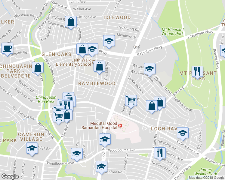 map of restaurants, bars, coffee shops, grocery stores, and more near 5807 Falkirk Road in Baltimore