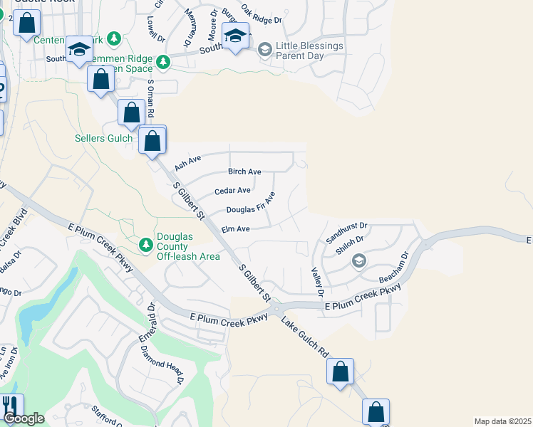 map of restaurants, bars, coffee shops, grocery stores, and more near 122 Elm Avenue in Castle Rock