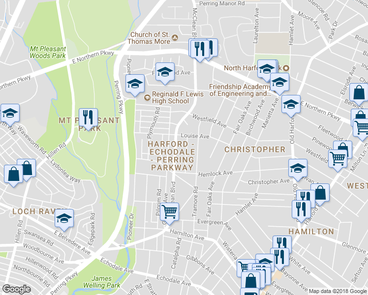 map of restaurants, bars, coffee shops, grocery stores, and more near 6222 Catalpha Road in Baltimore