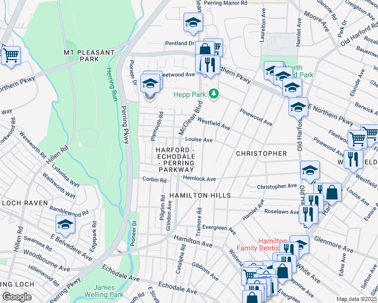 map of restaurants, bars, coffee shops, grocery stores, and more near 6222 Catalpha Road in Baltimore