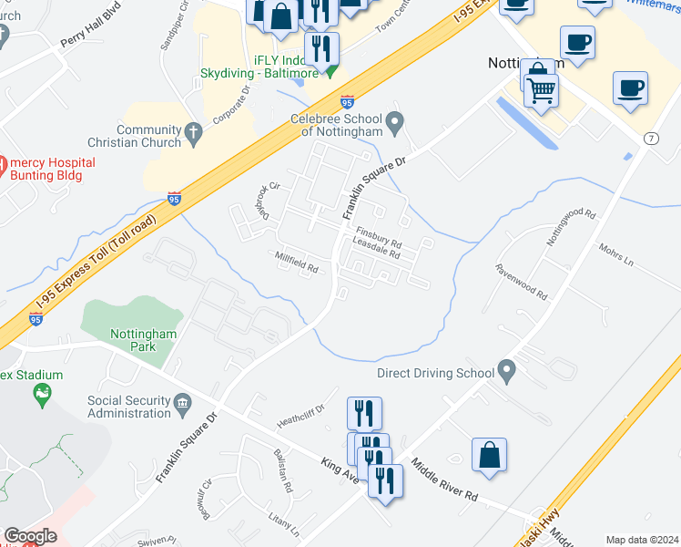 map of restaurants, bars, coffee shops, grocery stores, and more near 5001 Kemsley Road in Rosedale