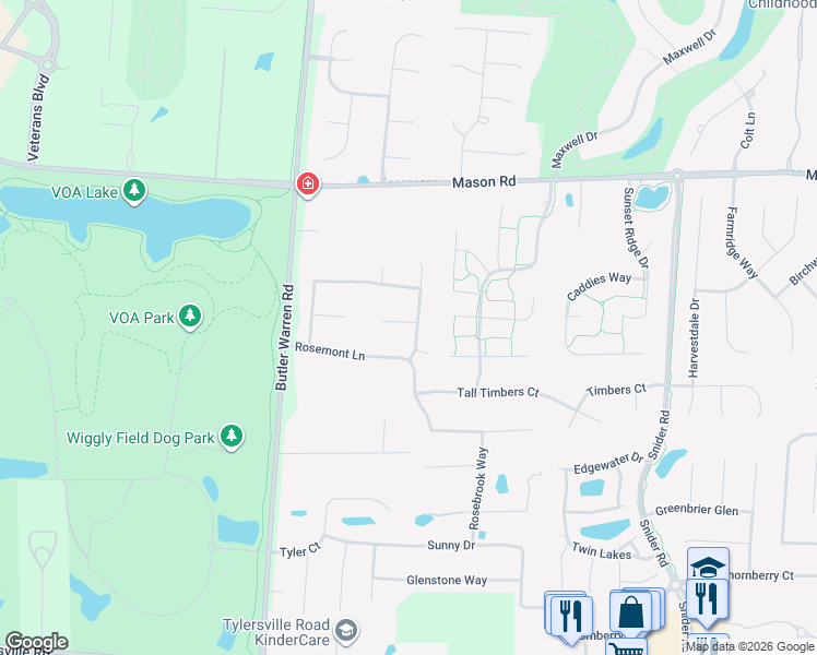 map of restaurants, bars, coffee shops, grocery stores, and more near 6557 Rosegate Court in Mason