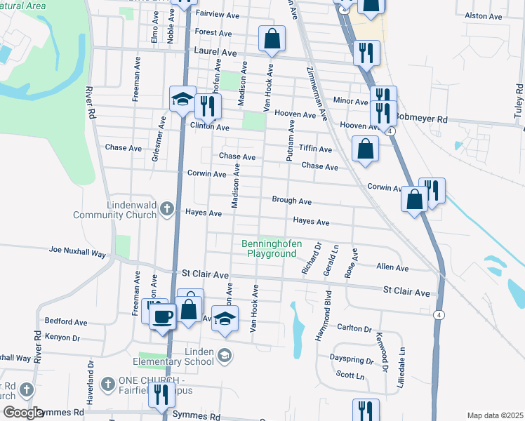map of restaurants, bars, coffee shops, grocery stores, and more near 875 Hayes Avenue in Hamilton